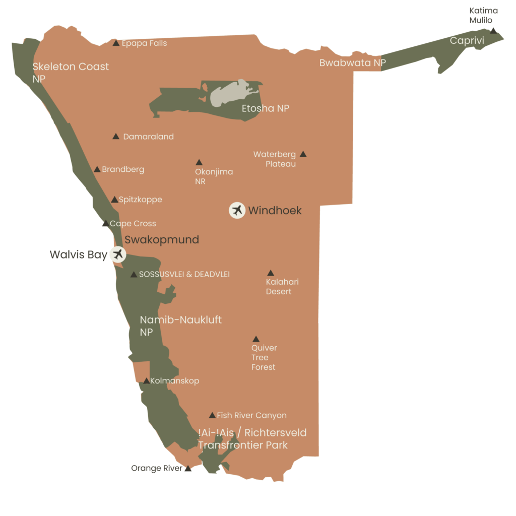 Map of Namibia's highlight national parks and experiences