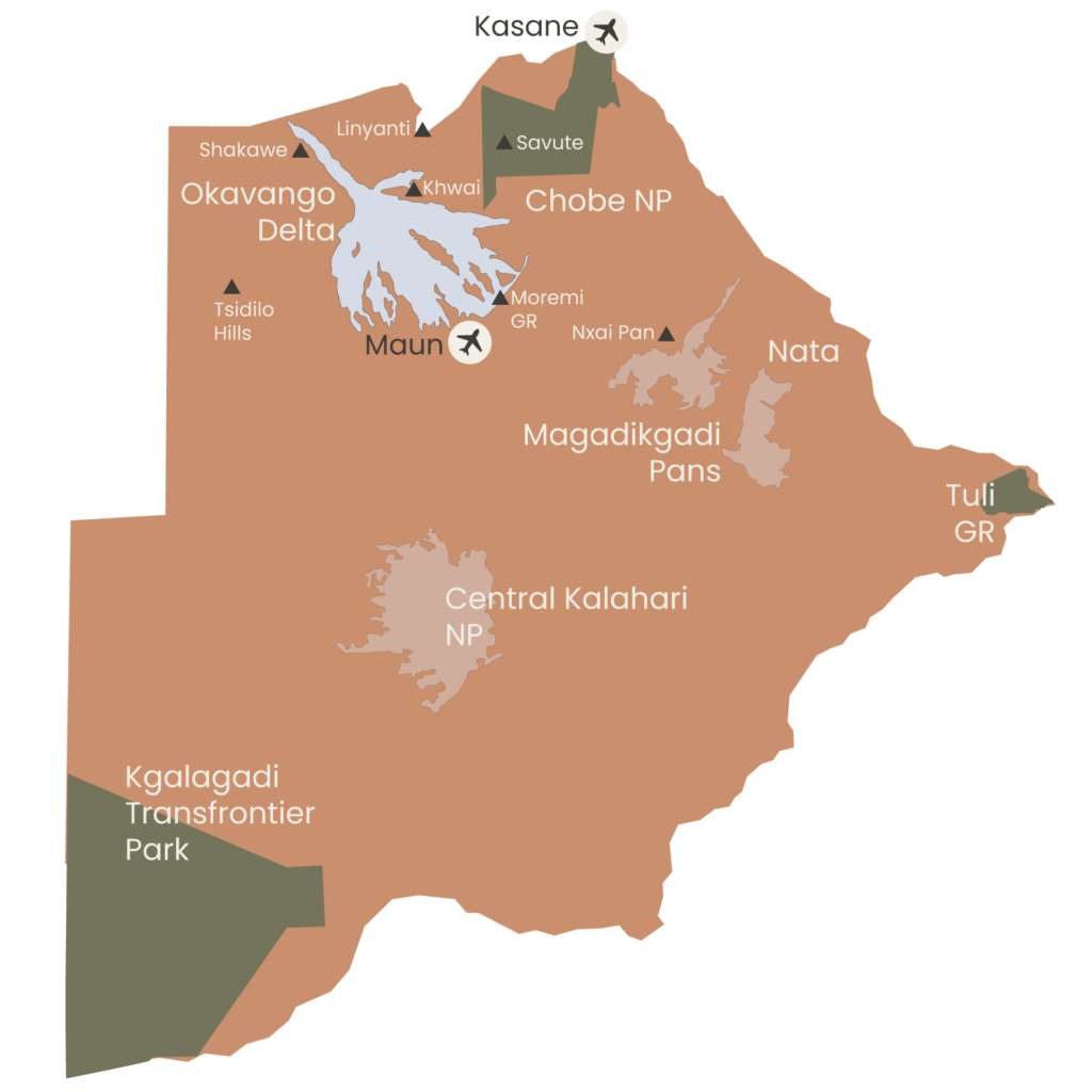 Detailed map if Botswana including places of interest and national parks