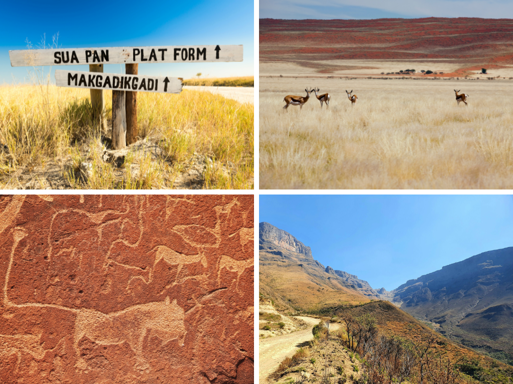 Makgadikgadi Pans, NamibRand Reserve, Twyfelfontein, Sani Pass